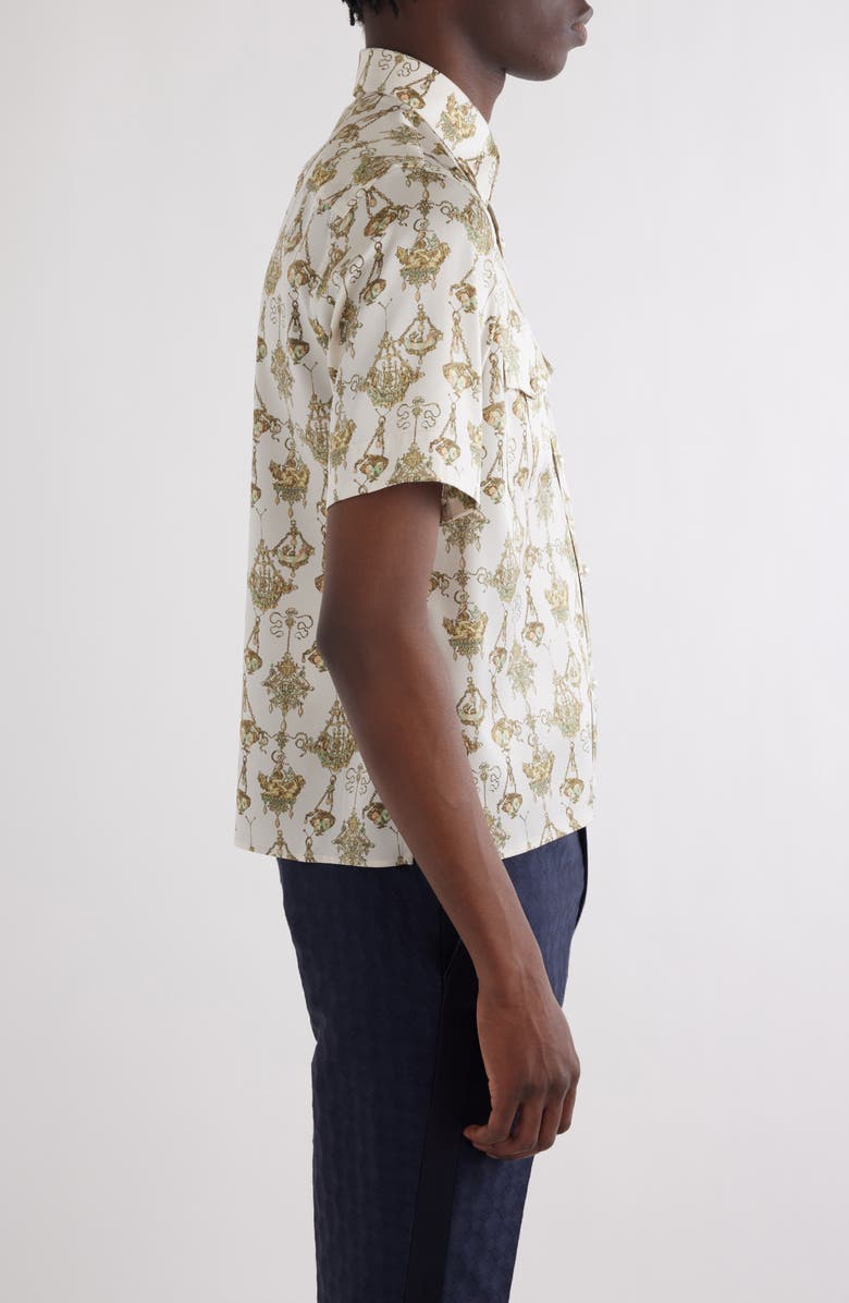 Givenchy Military Slim Fit Short Sleeve Stretch Silk Button-Up Shirt, Alternate, color, Cream/ Ochre