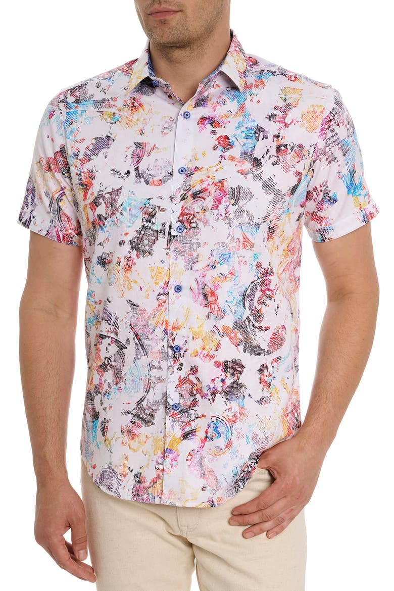 Splash of Color Short Sleeve Stretch Button-Up Shirt, Main, color, WHITE MULTI