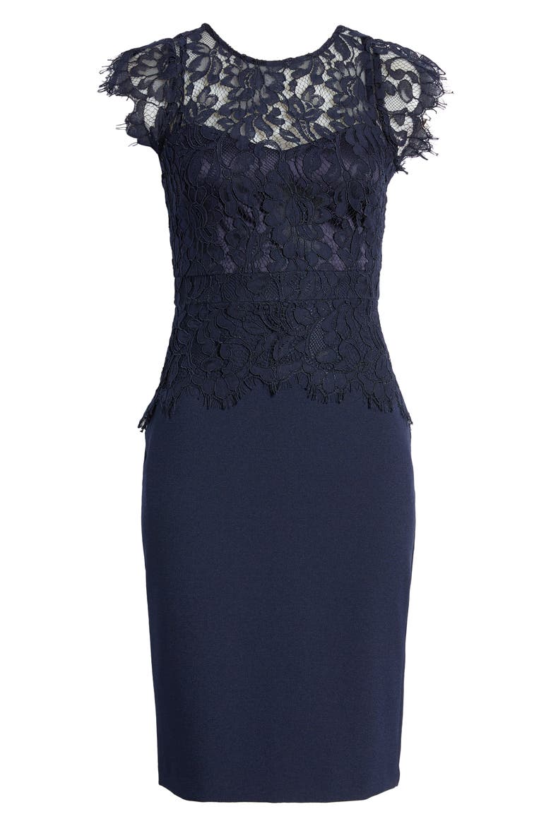 Lace & Stretch Crepe Sheath Dress, Alternate, color, NAVY