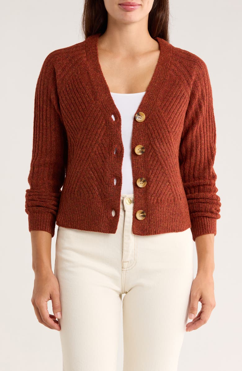 Bobeau V-Neck Button Front Crop Cardigan, Main, color, Brick