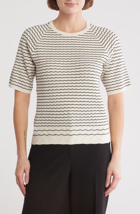 Pointelle Stripe Short Sleeve Sweater