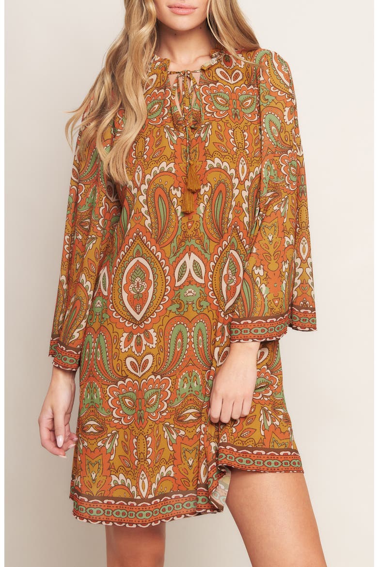 Print Long Sleeve Minidress, Alternate, color, CAMEL
