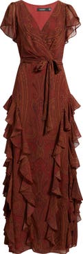 Lauren Ralph Lauren Paisley Ruffle Trim Flutter Sleeve Gown