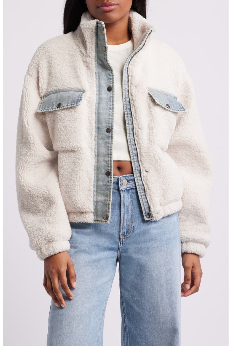 Faux Shearling & Denim Crop Jacket, Main, color, IVORY LIGHT DENIM COMBO