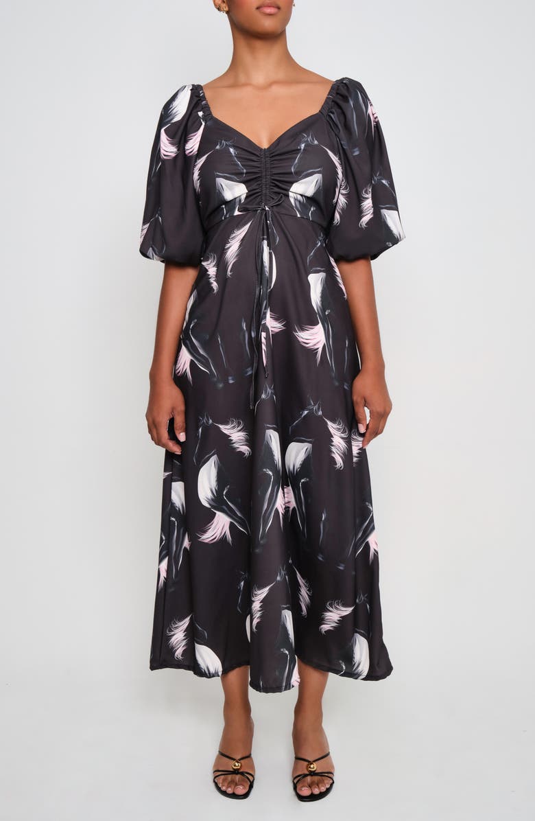 The Lulo Project Sol Horse Print Puff Sleeve Crepe Maxi Dress, Main, color, Black Horses