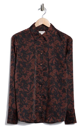 Nordstrom Rack Satin Long Sleeve Button-up Shirt In Brown