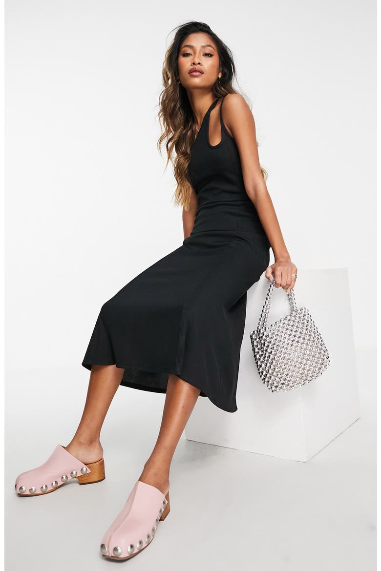 One-Shoulder Ribbed Midi Dress, Alternate, color, BLACK