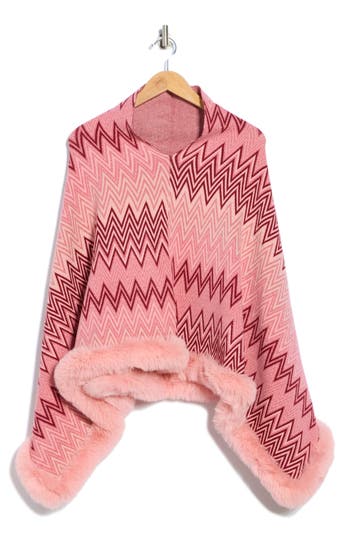 La Fiorentina Zigzag Poncho With Faux Fur Trim In Pink