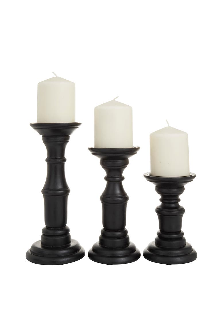Black Mango Wood Turned Style Pillar Candle Holder - Set of 3, Main, color, BLACK