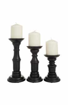 Black Mango Wood Turned Style Pillar Candle Holder - Set of 3