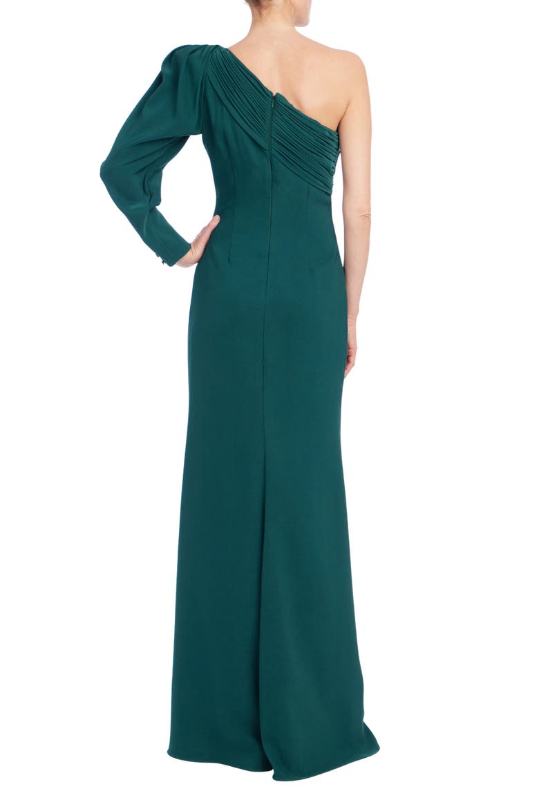 One-Shoulder Long Sleeve Pleated Gown, Alternate, color, PINE