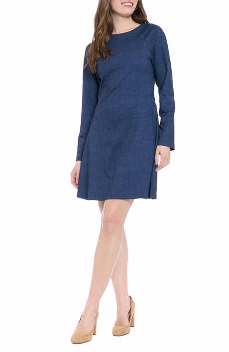 London Times Long Sleeve Ponte Denim Fit & Flare Dress