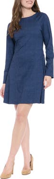 London Times Long Sleeve Ponte Denim Fit & Flare Dress