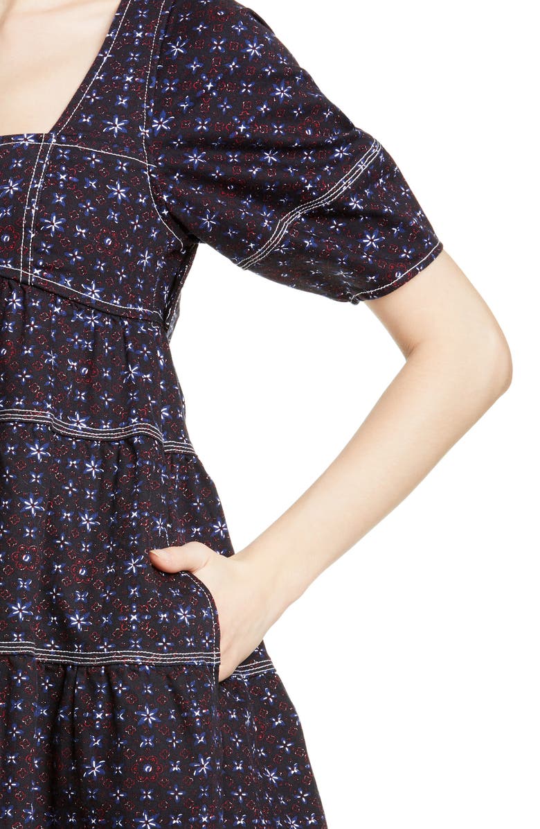 Ulla Johnson Devi Floral Tiered Denim Babydoll Dress, Alternate, color, 