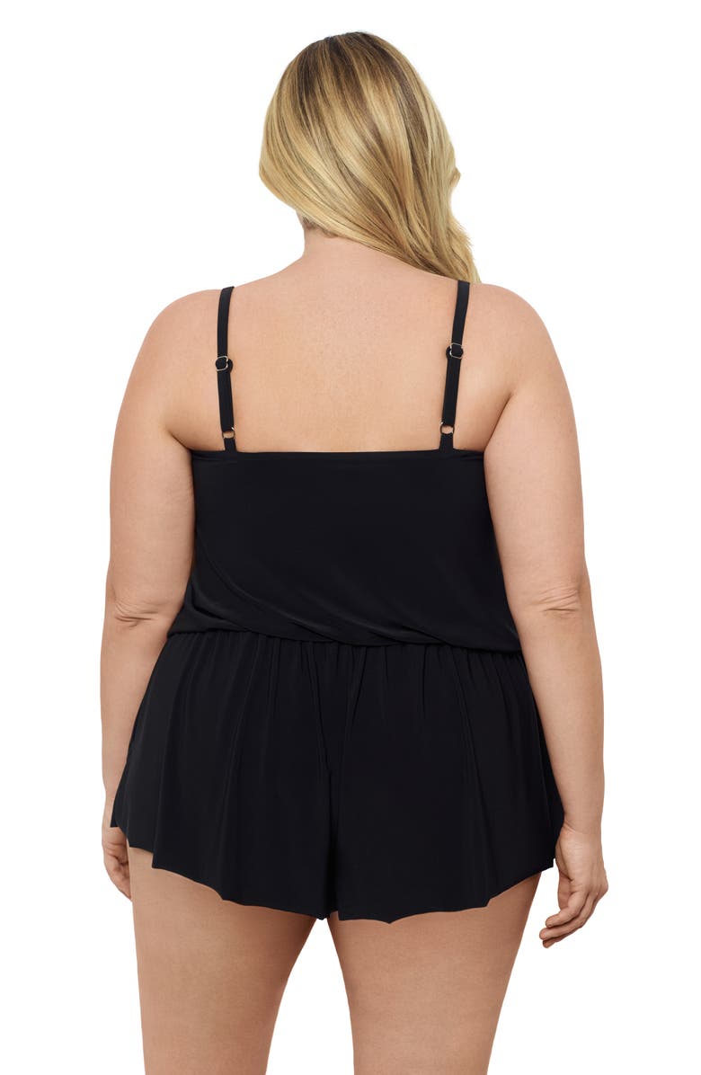 Aqua Green Plus Size V-Neck Blouson Slimming Swimsuit Romper with Pockets, Alternate, color, Black