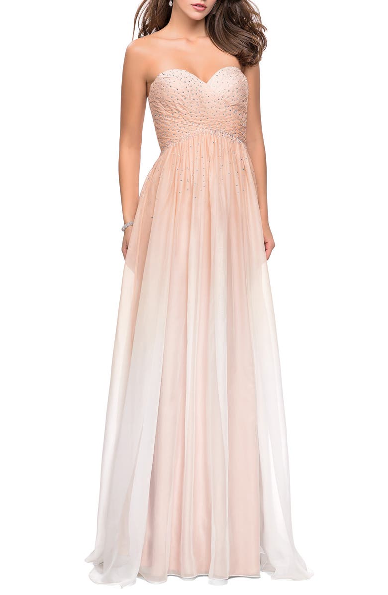 La Femme Ombre Chiffon Prom Dress with Criss Cross Pleating, Main, color, Pink