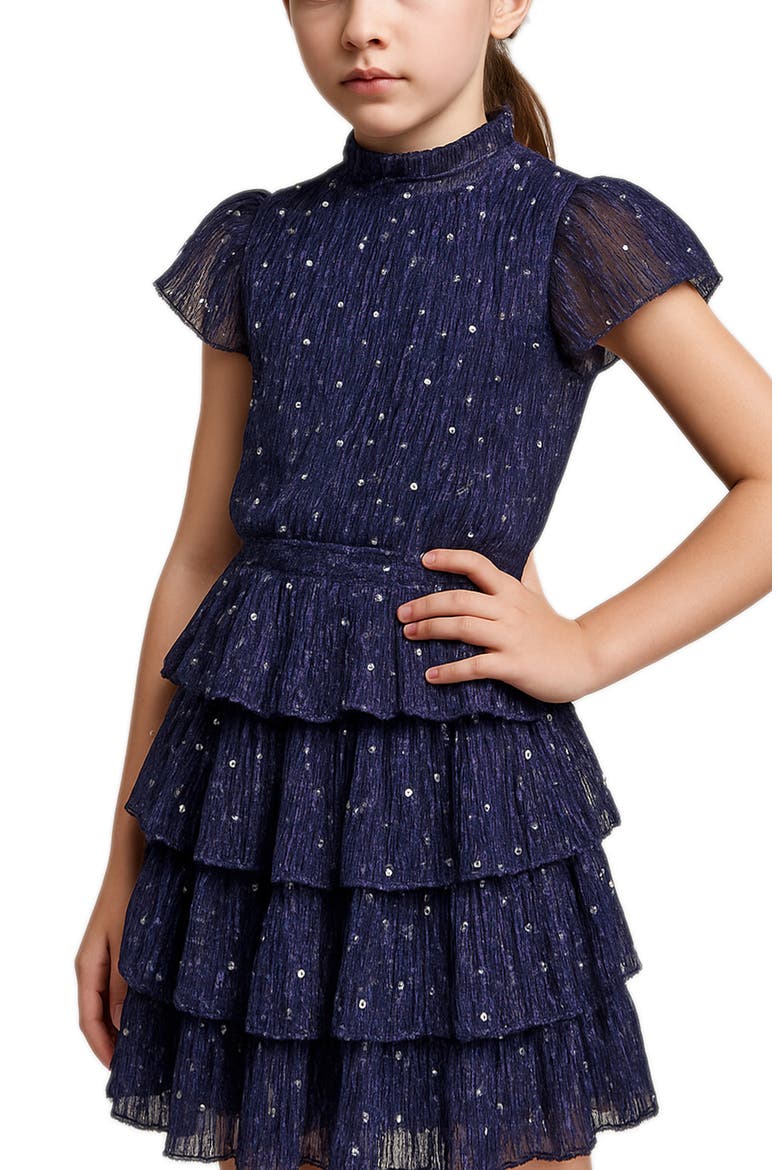 Kids' Flutter Sleeve Metallic Plissé Dress, Alternate, color, BLACKMULTI