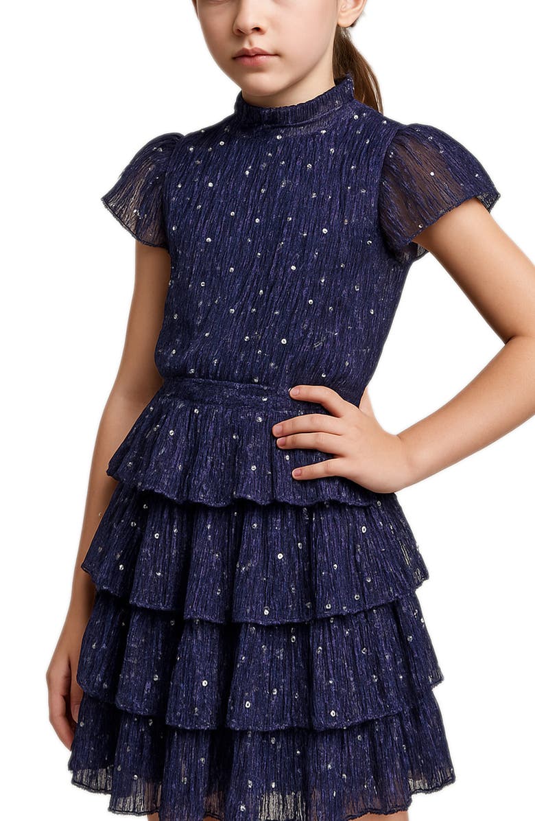 Zunie Kids' Flutter Sleeve Metallic Plissé Dress, Alternate, color, Blue/ Black Multi