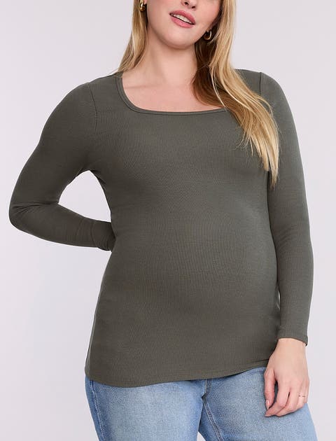 Square Neck Rib Knit Long Sleeve Tee