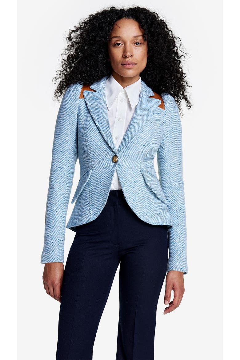 Rifle-Patch Pouf Sleeve One Button Blazer, Main, color, Blue Herringbone