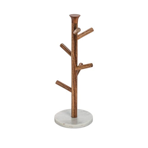 Storied Home Tall Mango Wood And Marble Mug Rack, Natural And White In Brown