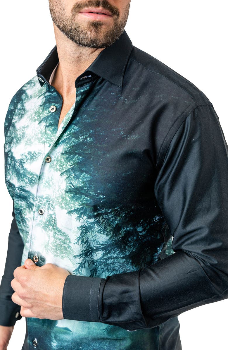 Maceoo Fibonacci Lionforest 17 Black Contemporary Fit Button-Up Shirt, Alternate, color, Black