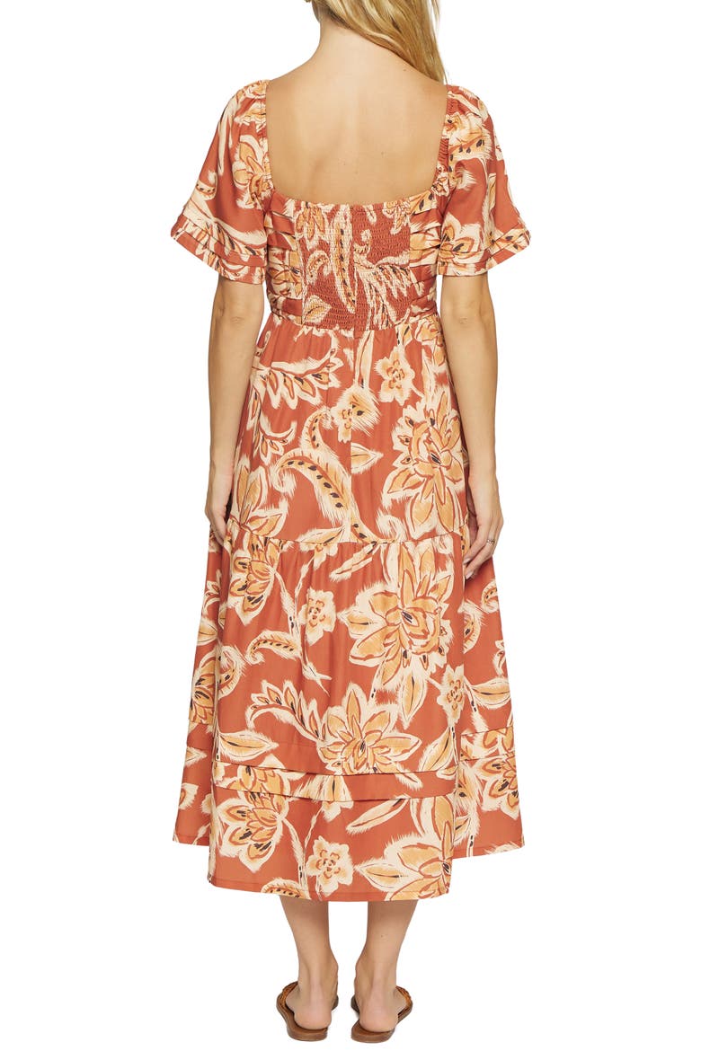 Terra Di Siena Floral Tiered Midi Dress, Alternate, color, BROWN-MULTI