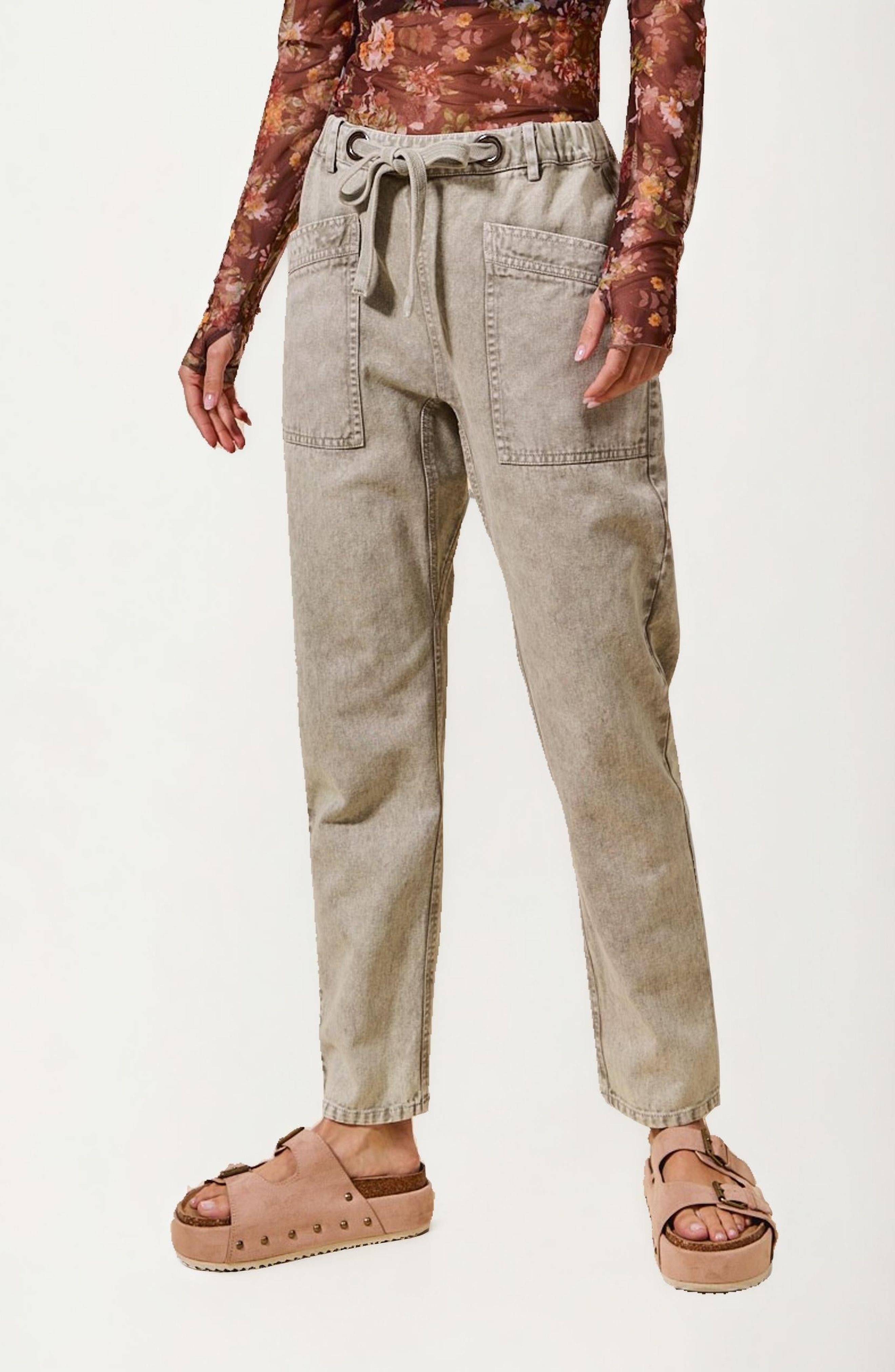 High Rise Drawstring Oversized Patch Pocket Denim Pants