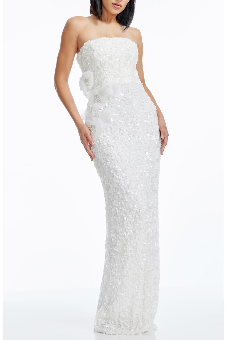 Izza Floral Appliqué Sequin Strapless Gown, Main, color, WHITE