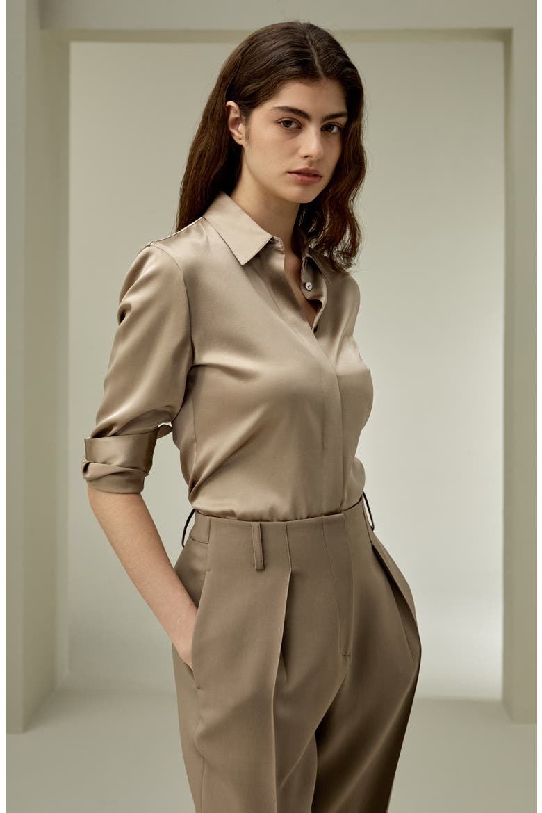 Women's Elegant Silhouette Slim Fit Silk Shirt, Alternate, color, Camel