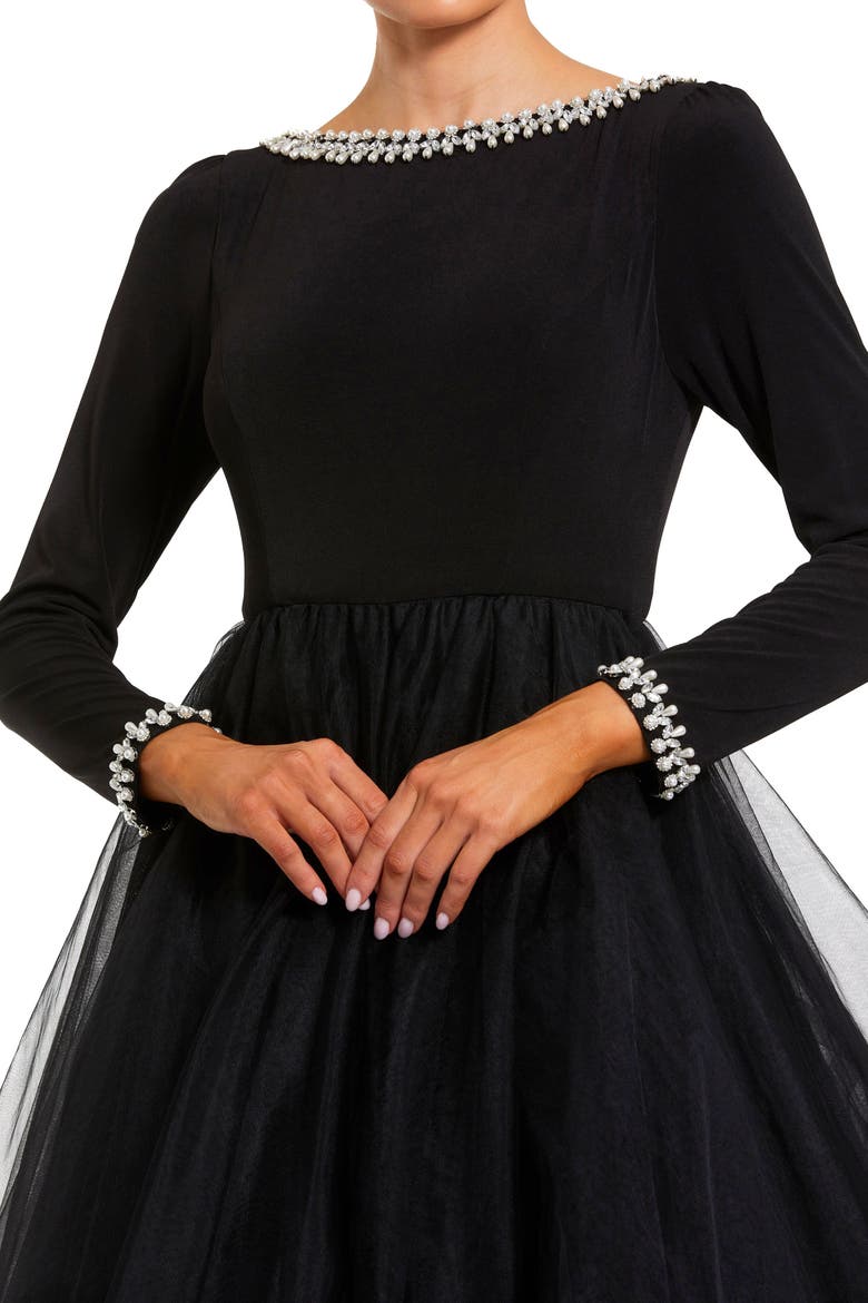Petite Embellished Jersey Long Sleeve Ballgown With Tulle Skirt, Alternate, color, Black
