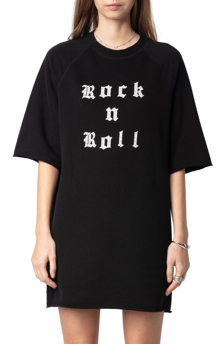 Zadig & Voltaire Grace Stud Detail Rock and Roll Graphic T-Shirt Dress, Alternate, color, 