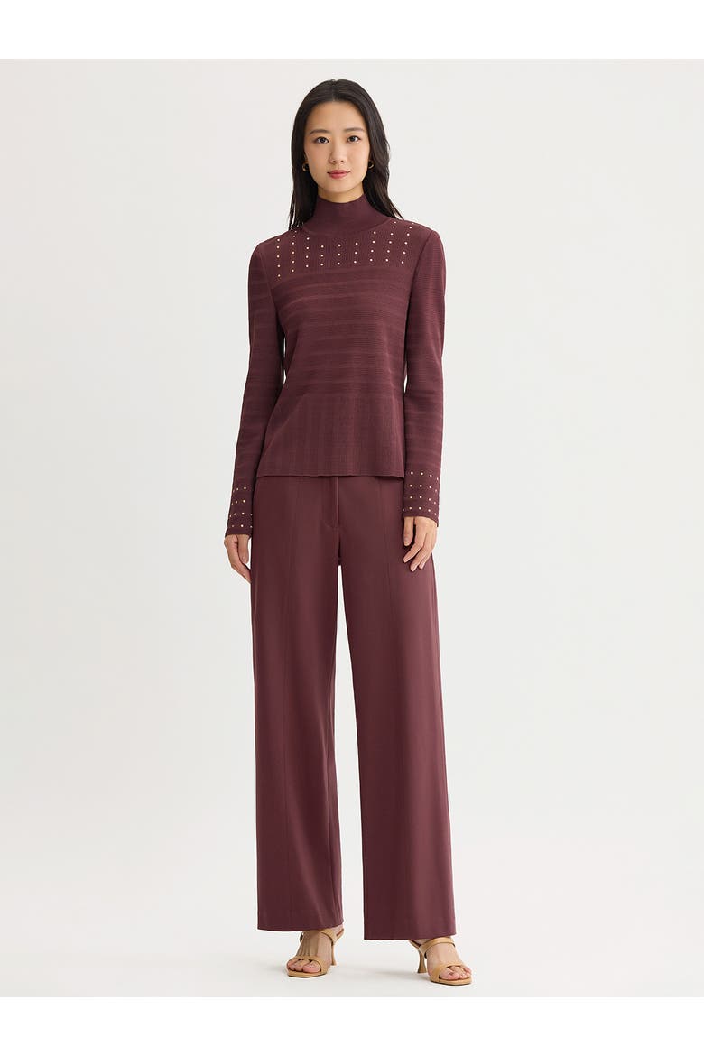 Studded Mock Neck Ribbed Knit Top, Alternate, color, Mahogany