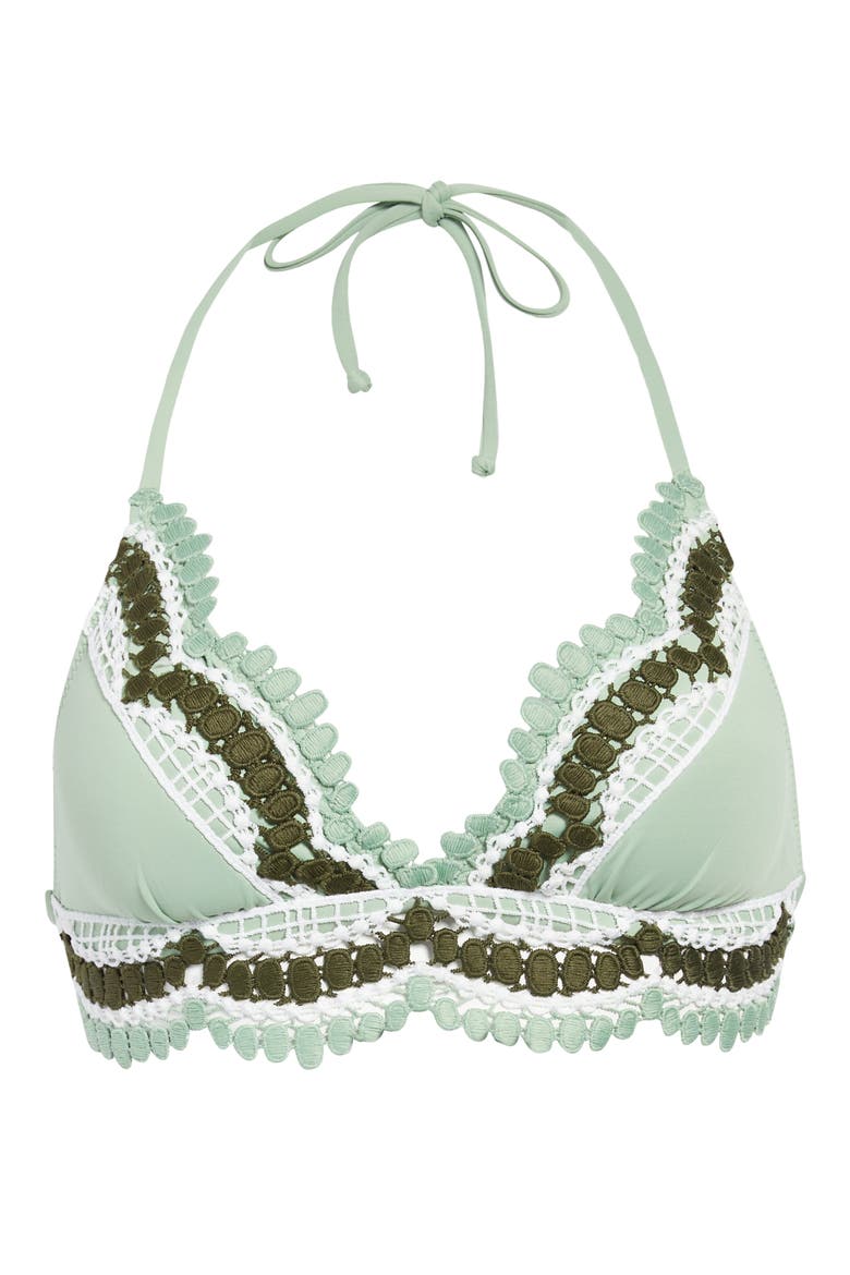 Delilah Crochet Trim Halter Bikini Top, Alternate, color, SAGE