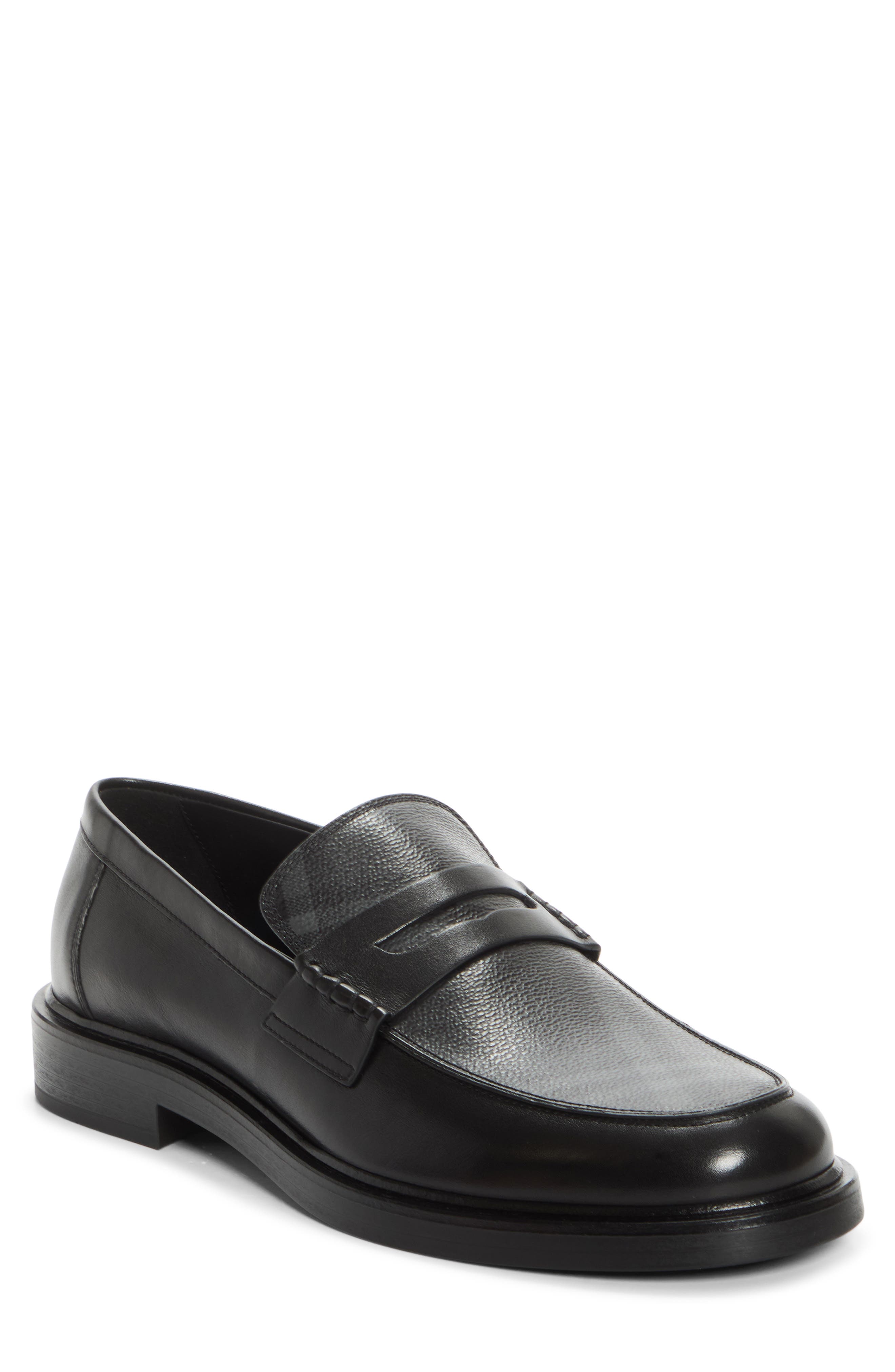 Pembroke Check & Leather Penny Loafer, Main, color, BLACK/ IRON GREY CHK