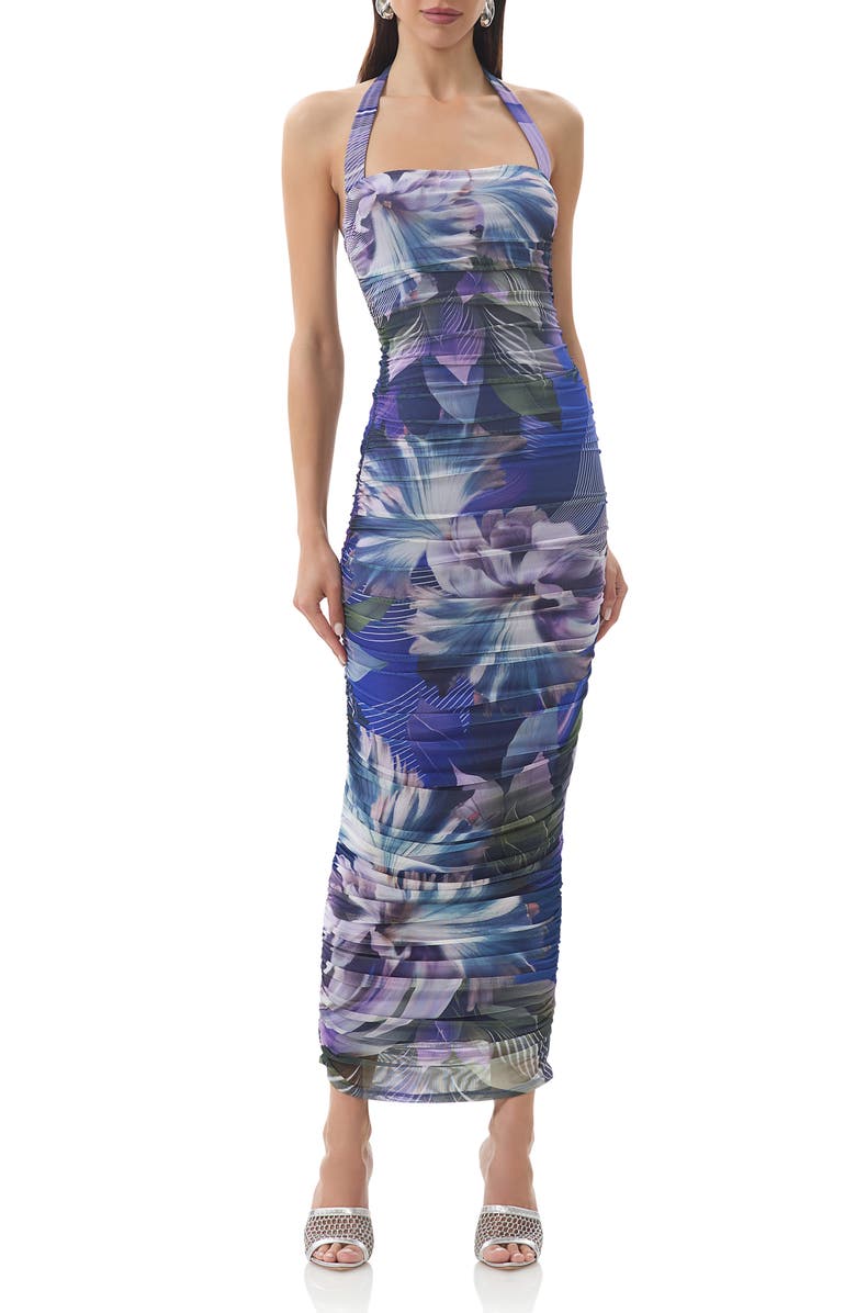 AFRM Indina Ruched Mesh Body-Con Maxi Dress, Main, color, Abstract Orchid