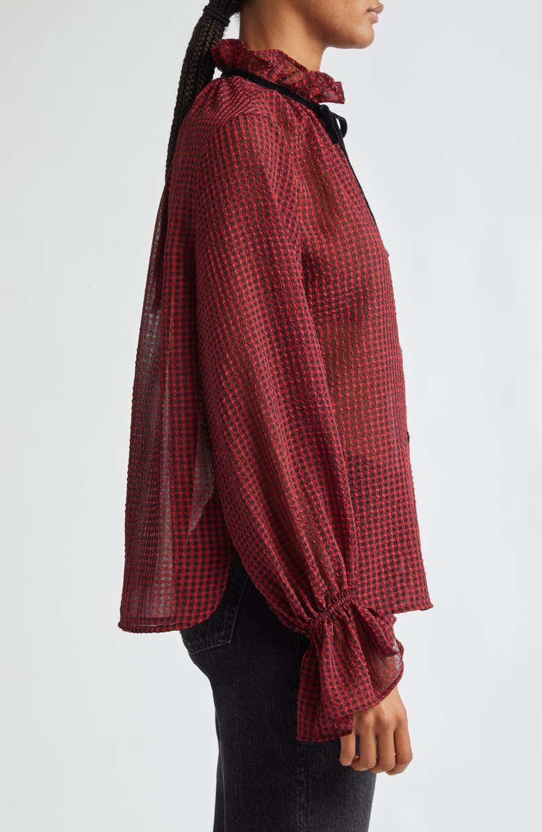 Ganni Check Seersucker Tie Neck Shirt, Alternate, color, Winery