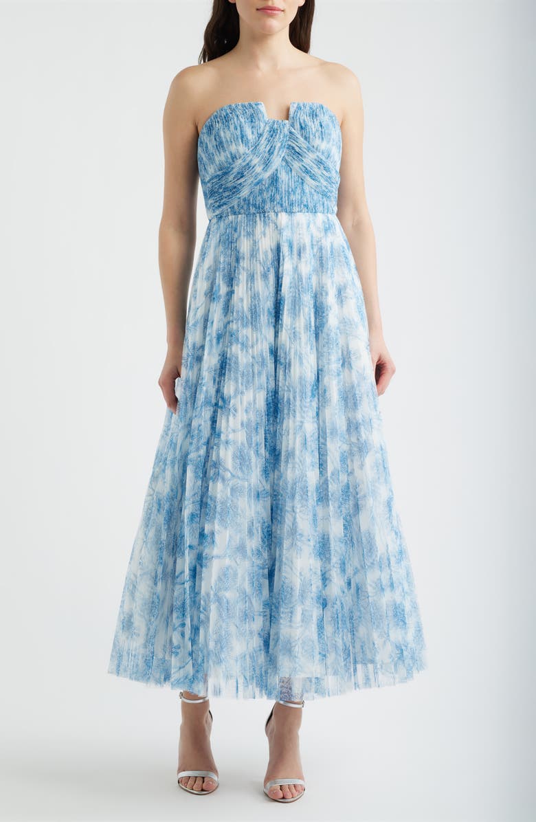 Hutch Pleated Strapless Mesh Gown, Main, color, White/ Blue Inked Chinoiserie