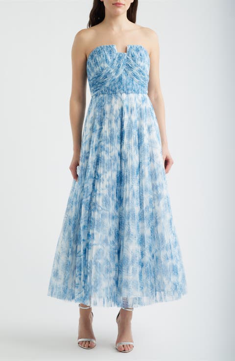 Pleated Strapless Mesh Gown