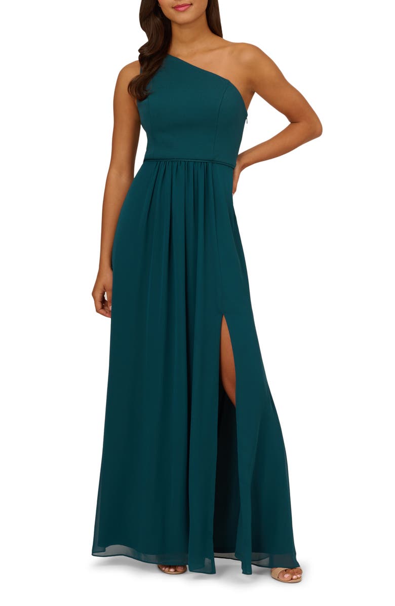 Adrianna Papell One-Shoulder Crepe Chiffon Gown, Main, color, 