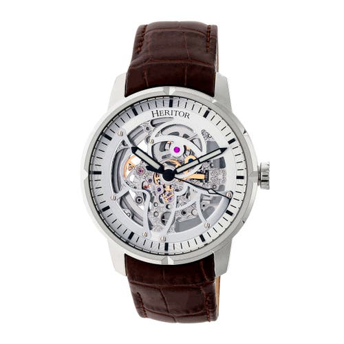 Heritor Automatic Ryder Skeleton Leather-Band Watch in Brown/silver at Nordstrom