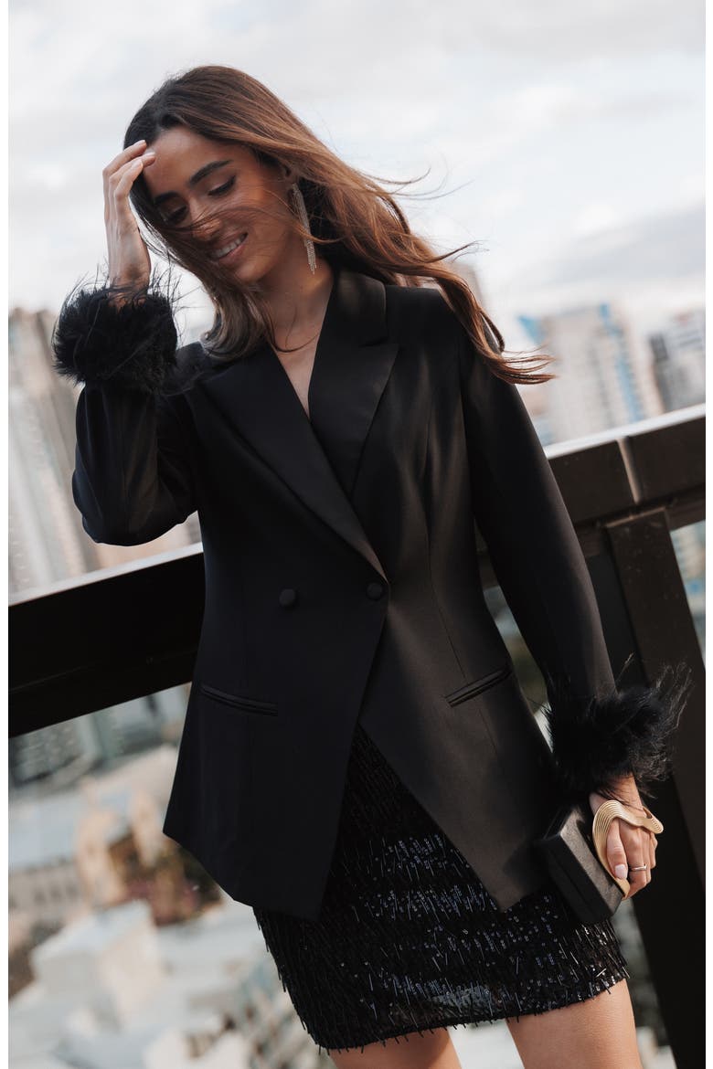 Coco Feather Trim Blazer, Alternate, color, BLACK
