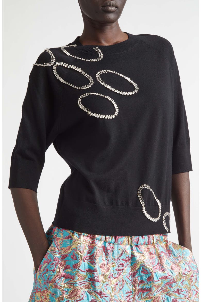 Embellished Merino Wool Sweater, Alternate, color, BLACK