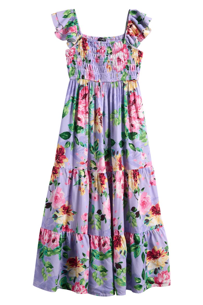 Kids' Floral Smocked Bodice Satin Maxi Dress, Main, color, PERI