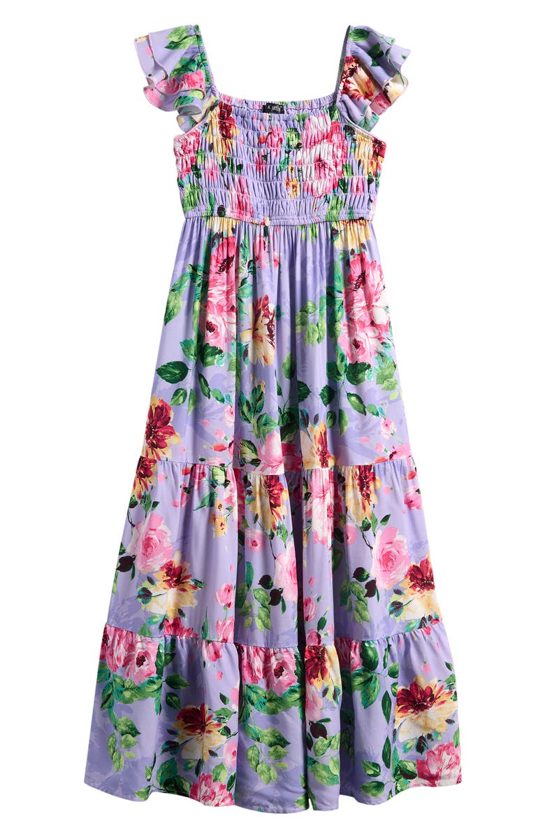 Ava & Yelly Kids' Floral Smocked Bodice Satin Maxi Dress, Main, color, Peri