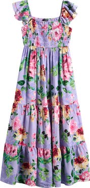 Ava & Yelly Kids' Floral Smocked Bodice Satin Maxi Dress