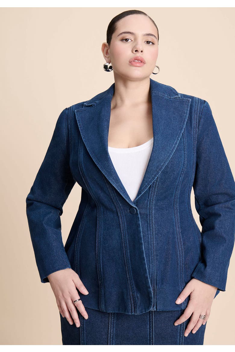 Seamed Denim Peplum Blazer, Alternate, color, MEDIUM WASH