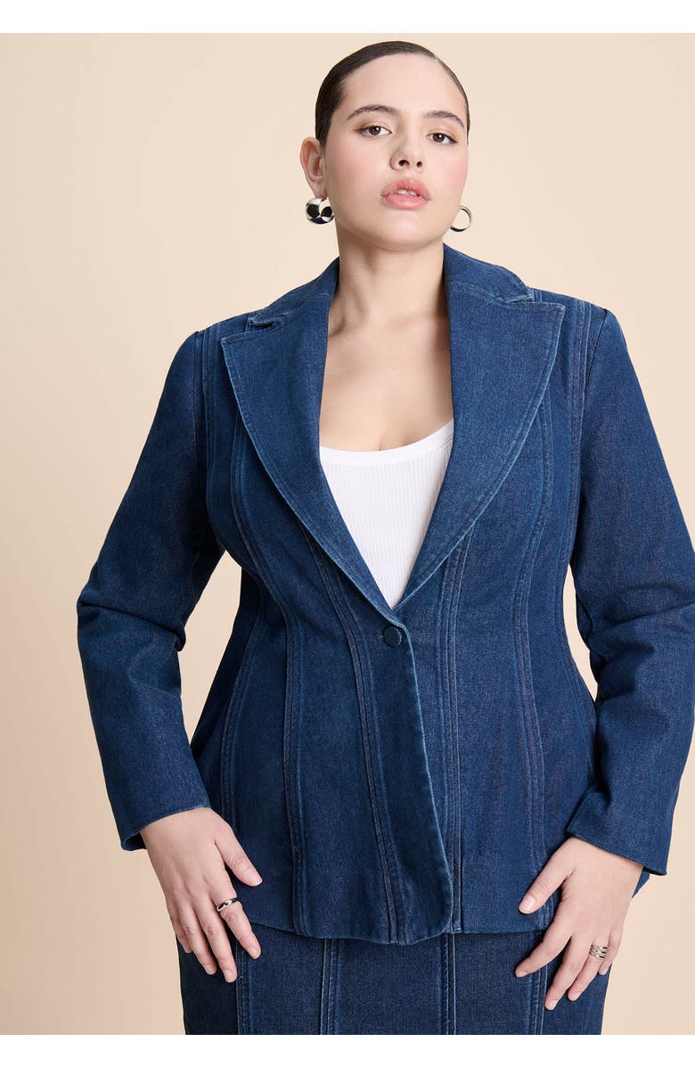 ELOQUII Seamed Denim Peplum Blazer, Alternate, color, Medium Wash