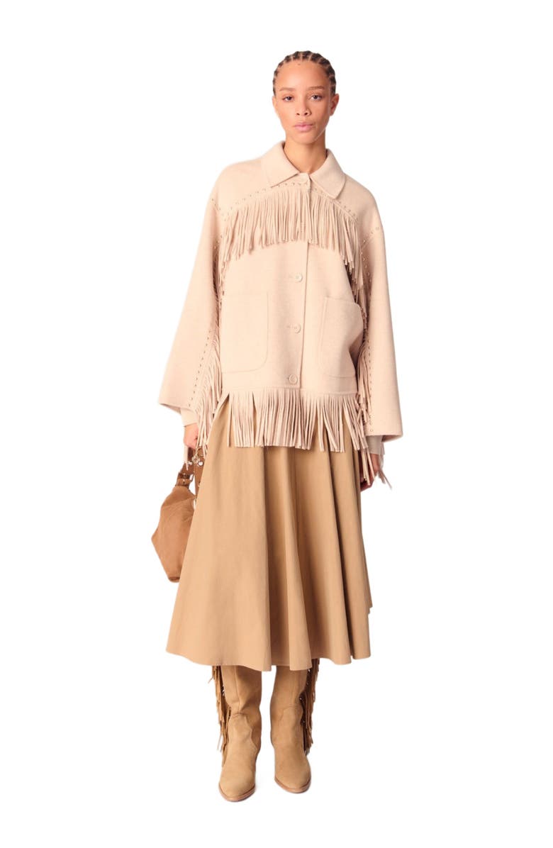 maje Double-breasted fringed coat, Main, color, 