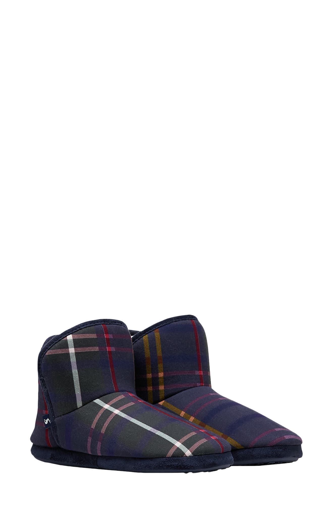 Cabin Faux Fur Lined Bootie Slipper, Main, color, NAVY MULTI CHECK
